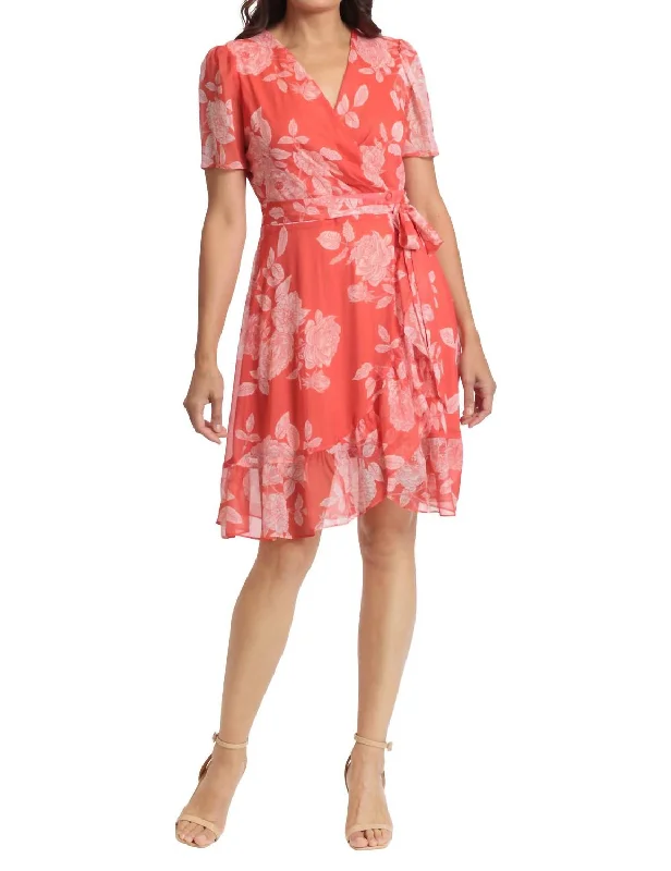 off-shoulder dressFloral Print Wrap Dress In Tangerine