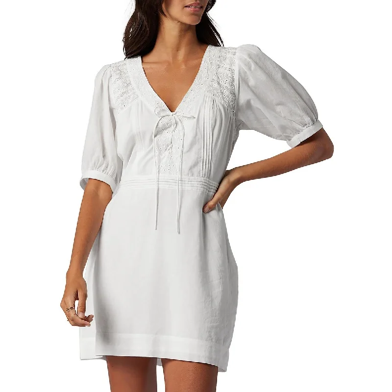 v-neck dressJoie Womens Eyelet Puff Sleeve Mini Dress