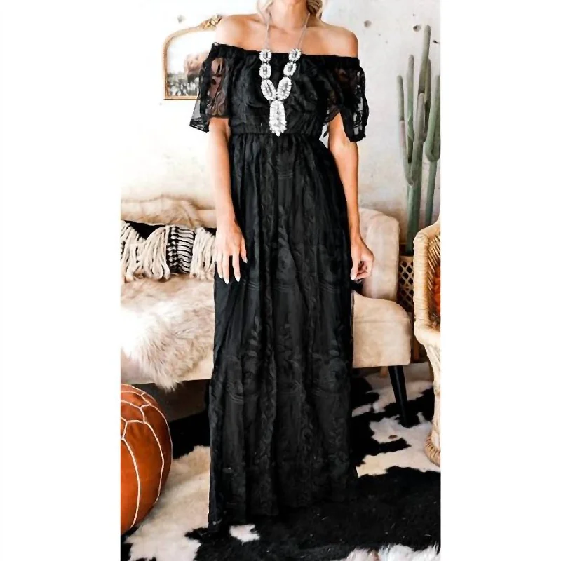 ruffle dressLace Off Shoulder Maxi Dress In Black