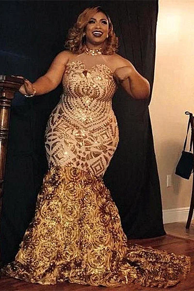 Savings Bonanza Sparkle Golden Sequined High neck Plus size Mermaid Prom Party Gowns with Flower Train