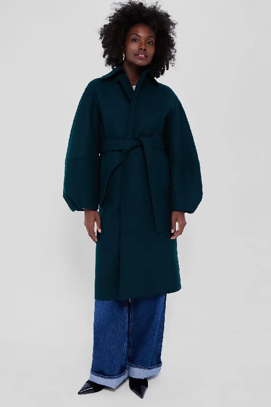 Season Finale Sale long coatBottle Green Puffed Sleeve Pressed Wool Coat