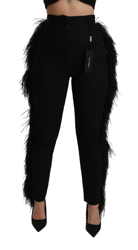 chic lightweight jacketDolce & Gabbana Black Feather Straight High Waist Wool Women's Pants