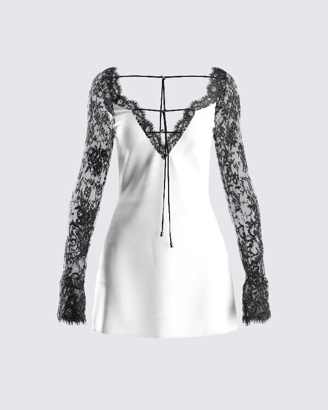 Anniversary Sale stylish party dressMinnie White Satin Lace Trim Dress