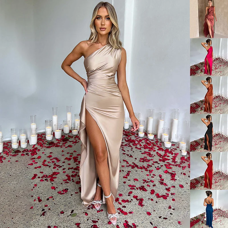 YEAR-End Sale fitted bodycon dressElegant One-Shoulder Backless Satin Dress for Women with Slit – Summer Slim-Fit Solid Color