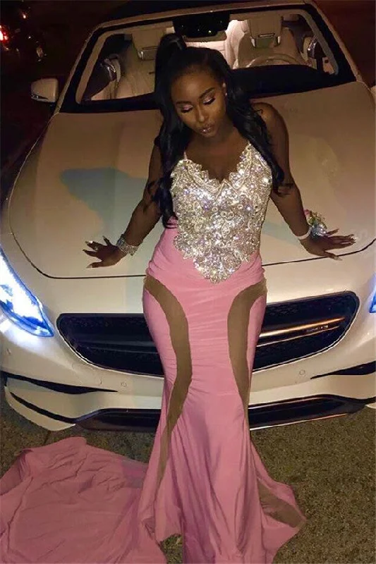 Bargain Bin Spaghetti Straps Sparkling Crystal Prom Dresses Fit and Flare Sheer Tulle Evening Gowns
