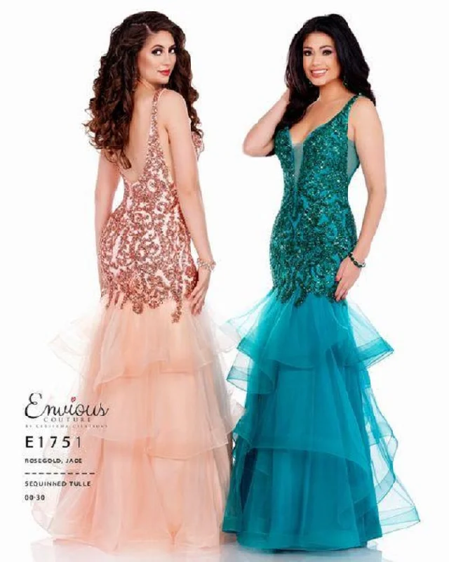 evening dressEnvious Couture E1751 Size 4 Mermaid Prom Dress Embellished V Neckline Ruffle Tulle Skirt 1751