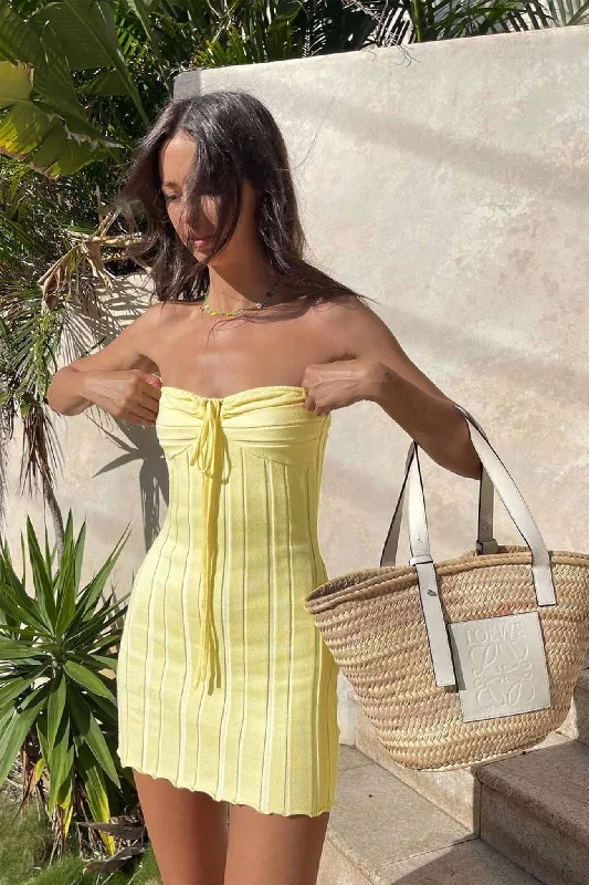 The Best Prices casual dressYellow Strapless Lace Up Knitted Dress