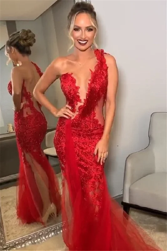 Instant Discount Burgundy One-Shoulder Lace Applique Backless Mermaid tulle Prom Dresses
