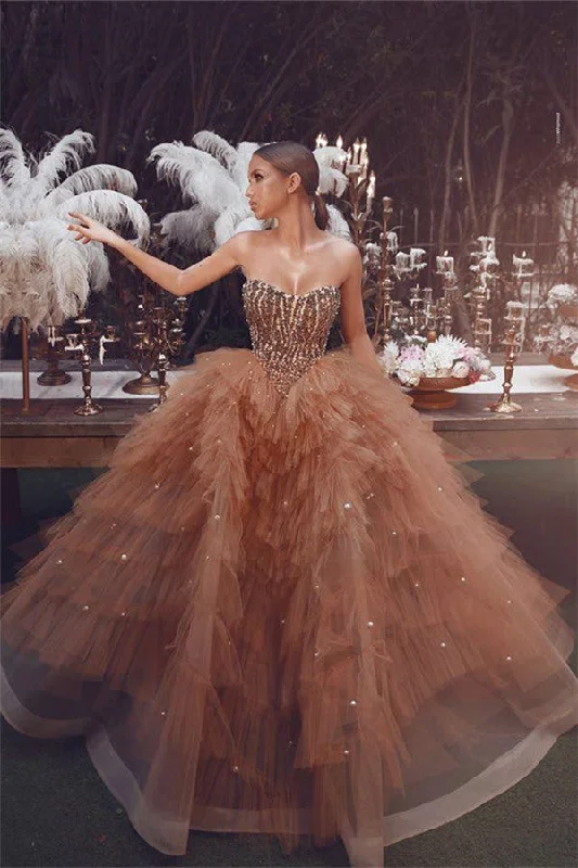 Deal of the Day Gorgeous A Line Tube Top Beading Prom Dresses With Pearls Sleeveless Brown Princess Evening Gowns