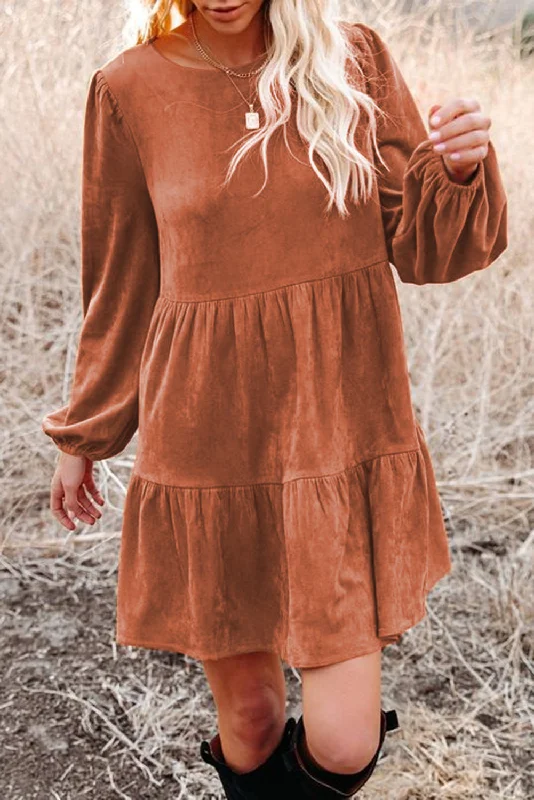 Steals and Deals trendy bodycon dressChestnut Faux Suede Tiered Babydoll Dress