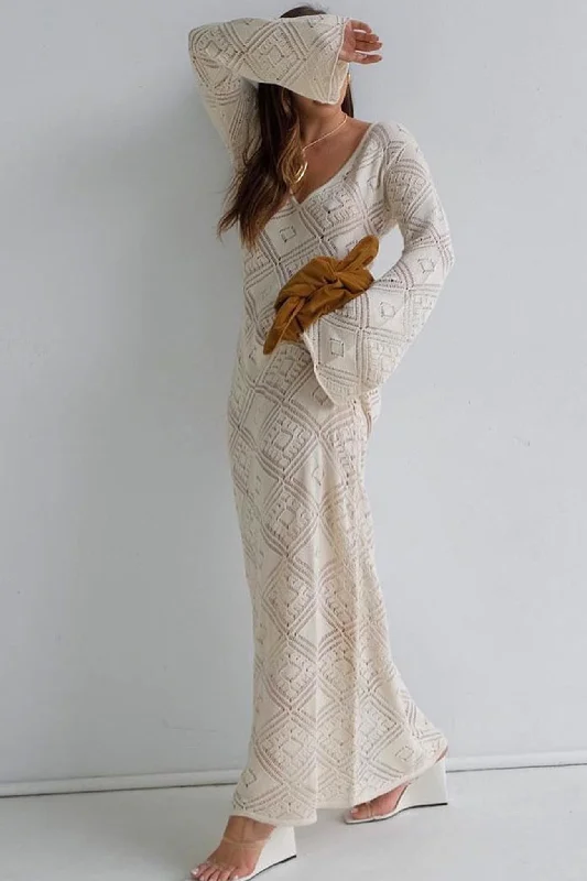 Can't Miss casual shift dressV Neck Crochet Checkered Hollow Out Midi Dress
