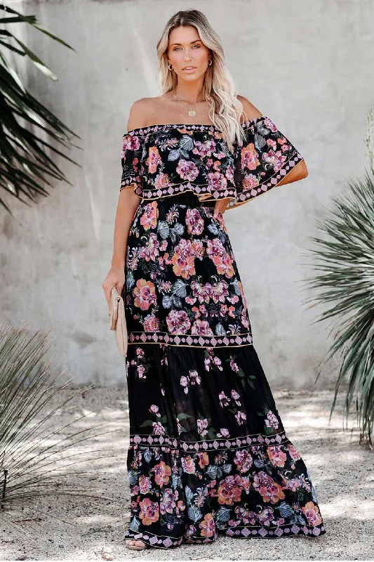 Members Only A-line dressOff Shoulder Floral Print Tiered Maxi Dress