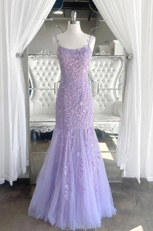YEAR-End Clearance Lilac Spaghetti Straps Long Lace Tulle Evening Dresses Mermaid Appliques Prom Dresses