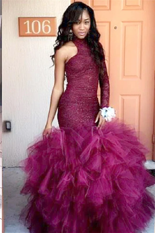 Special Price High-Neck One-Sleeve Sheath Lace Puffy Tulle Specail Latest Prom Party Gowns Special Price High-Neck One-Sleeve Sheath Lace Puffy Tulle Specail Latest Prom Party Gowns
