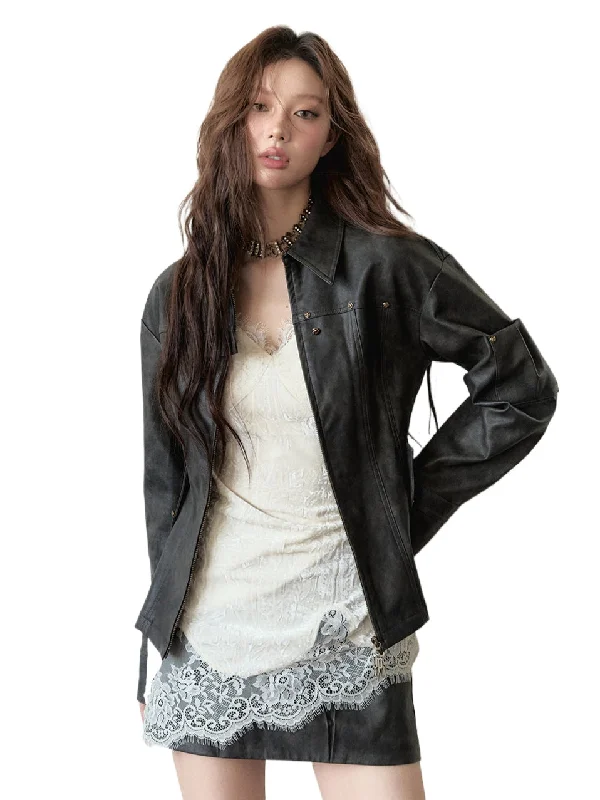 Midnight Madness stylish lightweight coatDark Brown Studded PU Leather Jacket
