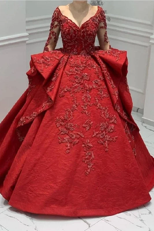 Shop and Save Burgundy Lace Appliques Long Sleevess V-neck Ruffles Ball Gowns Evening Gowns