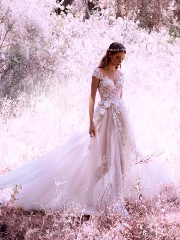 Year-End Sale Sexy Wedding Dresses V-neck Appliques Sweep/Brush Train Bridal Gown JKS147