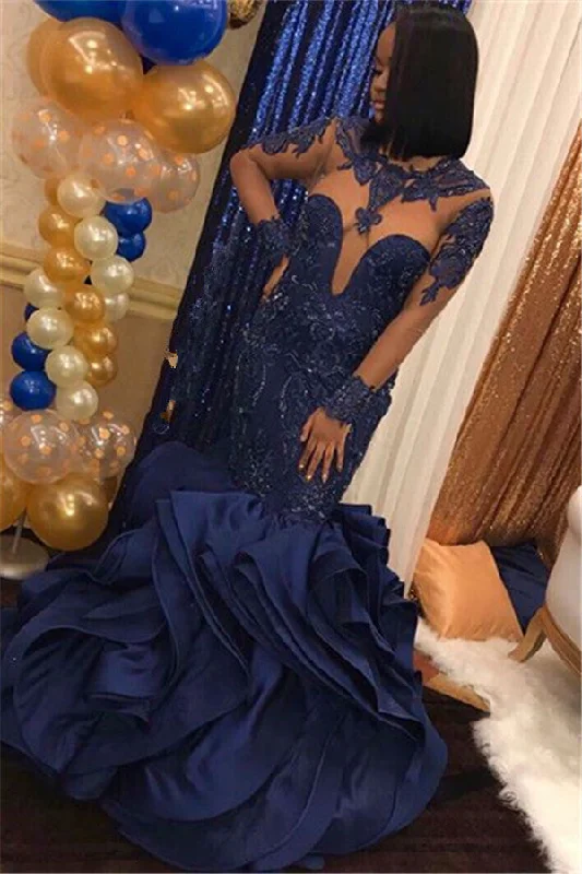 Instant Savings Beads Appliques Ruffles Prom Dresses Fit and Flare Sheer Tulle Evening Gowns