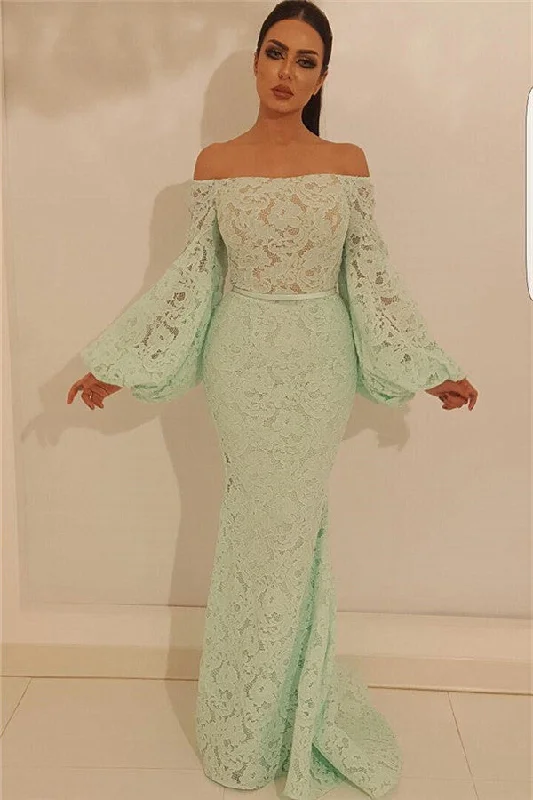 Lowest Price Elegant Mermaid Off-the-Shoulder Prom Party Gowns| Chic Lace Long Sleevess Prom Party Gowns