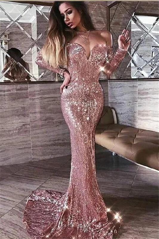 Massive Deals Mermaid Pink Shiny Sequined Strapless Off-the-Shoulder Long Sleevess Prom Party Gowns Massive Deals Mermaid Pink Shiny Sequined Strapless Off-the-Shoulder Long Sleevess Prom Party Gowns