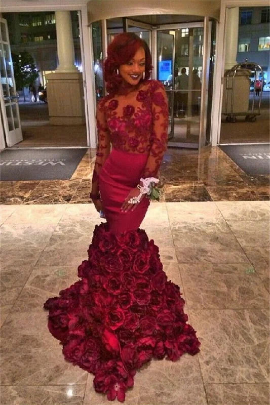 Big Savings Burgundy Lace-Appliques Long-Sleeves Flowers-Train Mermaid Prom Dresses