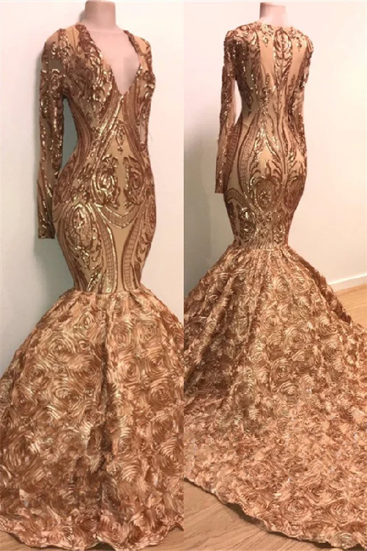 Today's Special Chic V-neck Elegant Long Sleeves Gold Sparkle Appliques Prom Party Gowns Today's Special Chic V-neck Elegant Long Sleeves Gold Sparkle Appliques Prom Party Gowns