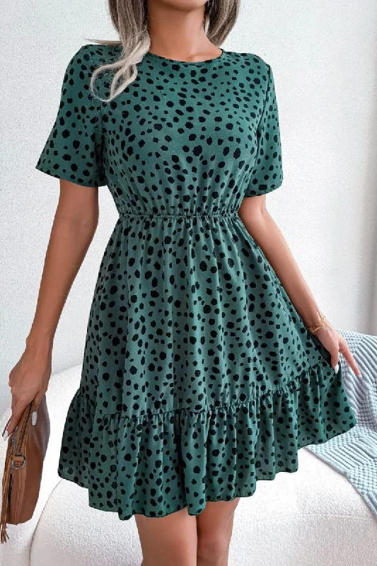 form-fitting dressPrinted Round Neck Short Sleeve Ruffled Dress