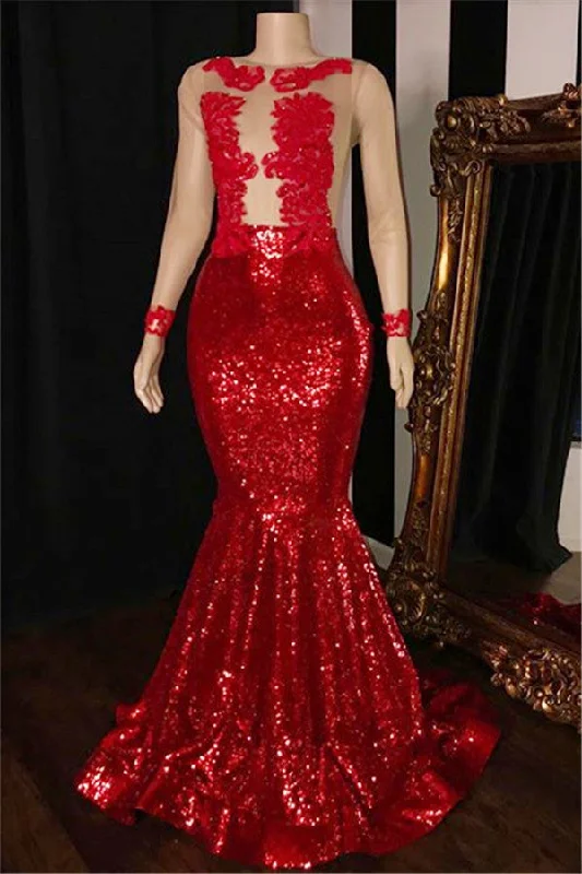 Low Prices New Arrival Long Sleevess Sequins Mermaid Sheer Tulle Red Long Evening Dress