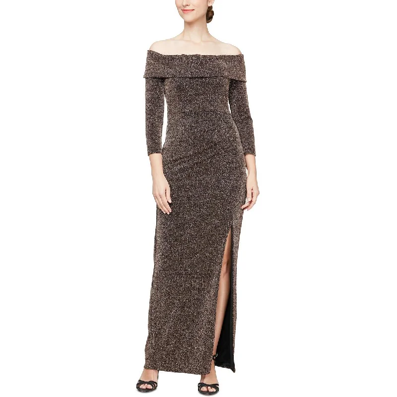 chic slip dressAlex Evenings Womens Metallic Off-The-Shoulder Evening Dress