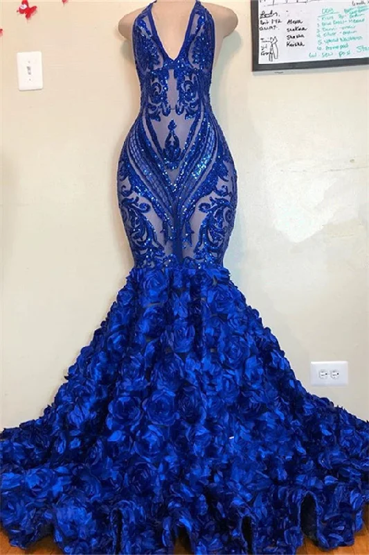 Instant Discount V-neck Halter Sequins Pattern Floral Sweep Train Prom Dresses