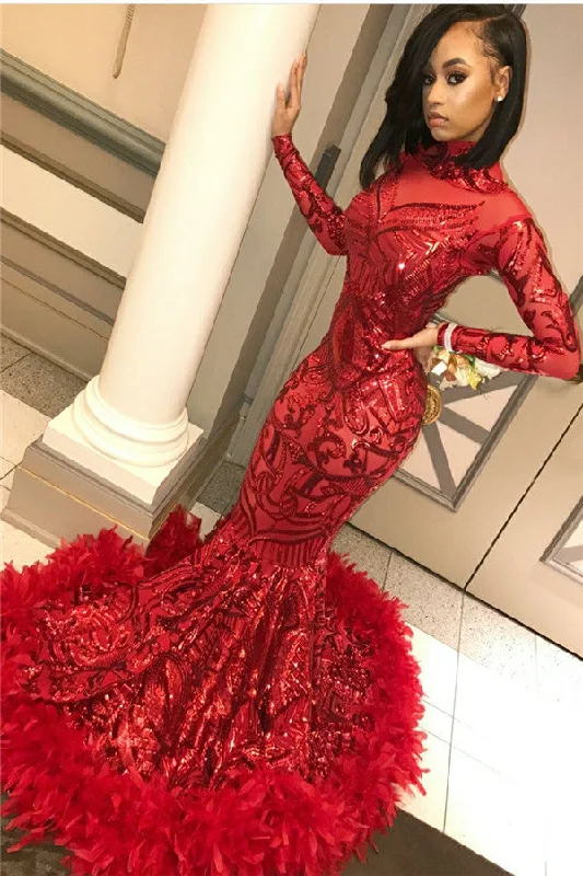 Overstock Red Mermaid Sequins Long Sleevess High Neck Prom Dresses