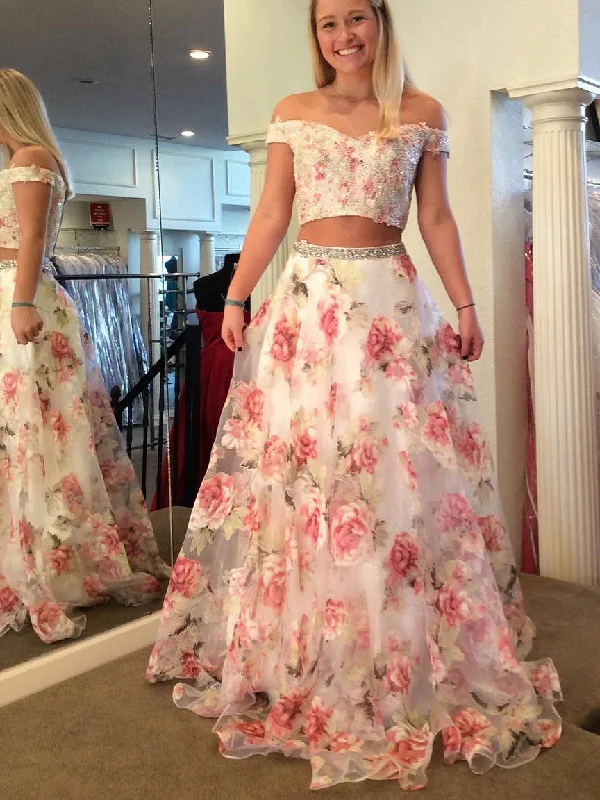 Special Price Two Piece Prom Dresses Rose Floral Print Beautiful Prom Dress Sexy Evening Dress JKL1062
