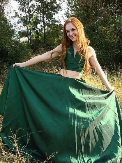 Savings Galore Two Piece Prom Dresses Halter Dark Green Sexy Simple Long Prom Dress JKL824
