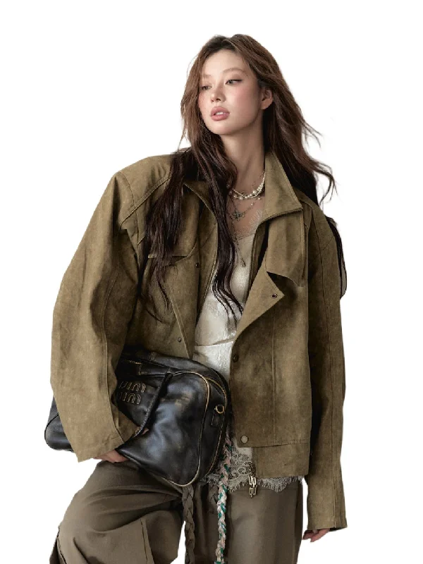 Savings Galore modern coatKhaki & Gray Studded Loose-fitting Jacket