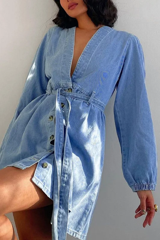 Midnight Sale wool dressV Neck Button Front Lace Up Denim Dress