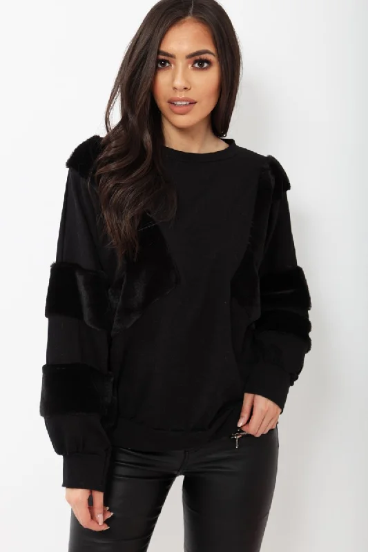 Year-End Sale soft fleece pulloverBlack Jumper with Fur on Front and Sleeves - Mercedes Year-End Sale soft fleece pulloverBlack Jumper with Fur on Front and Sleeves - Mercedes