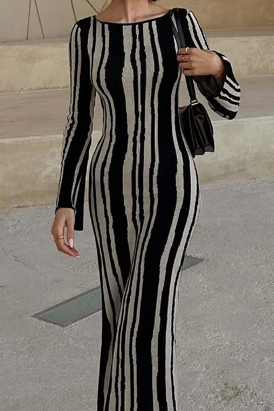 Time-Limited Offer bohemian dressContrast Color Long Sleeve Knitted Dress