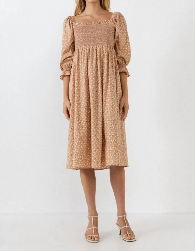 ruched dressFloral Smocked Midi Dress In Tan Multi