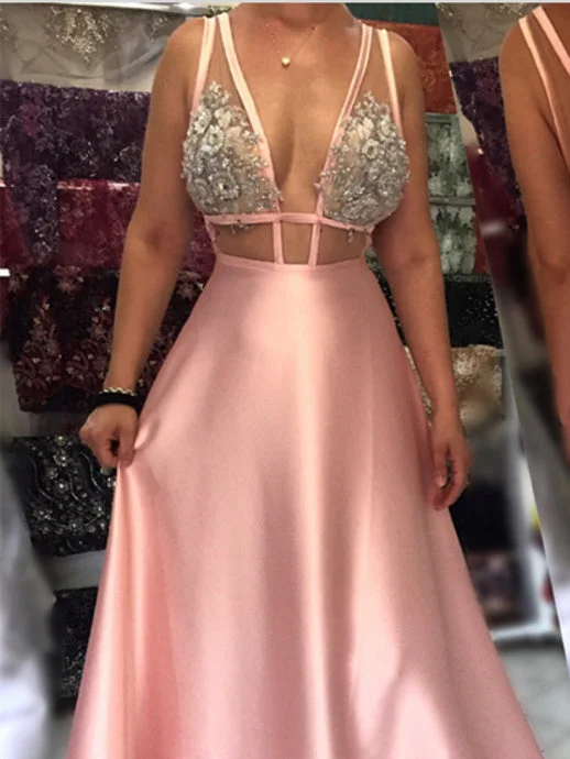 Can't Miss Open Back Prom Dresses Straps A-line Appliques Long Sexy Pink Prom Dress JKL974