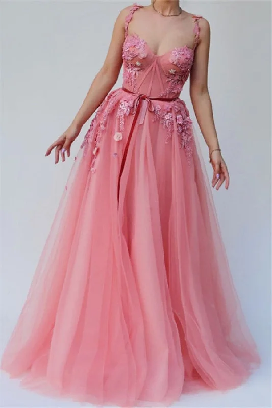 Extra Discounts Pink Gorgeous A-line Spaghetti Tulle Flower Applique Prom Dresses