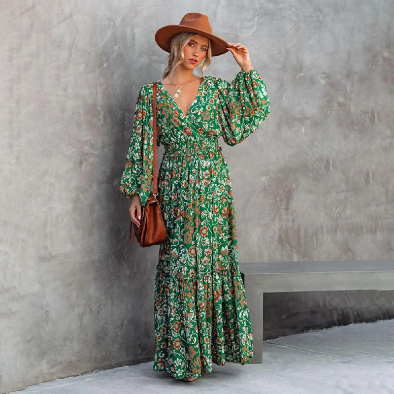 The Best Prices casual summer dressFashion Printed Lantern Long-Sleeved V-Neck Halter Stitching Dress