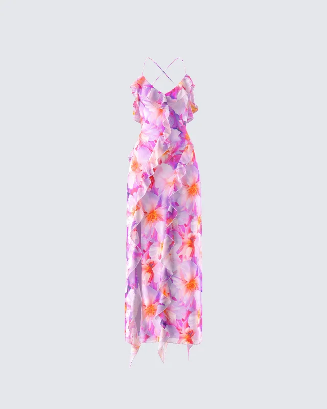 Deal Mania pleated dressKenya Pink Floral Ruffle Maxi Dress
