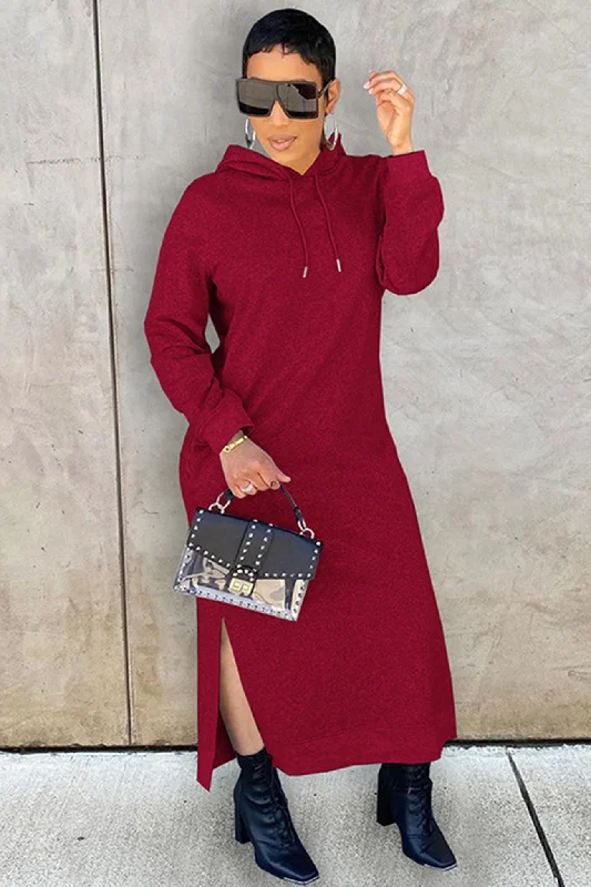 Markdowns casual evening dressSolid Slit Hem Hoodie Dress