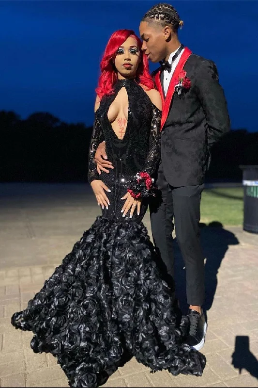 Great Deals Sexy Black Sparkle Keyhole Mermaid Flowers Cold shoulder Prom Dresses