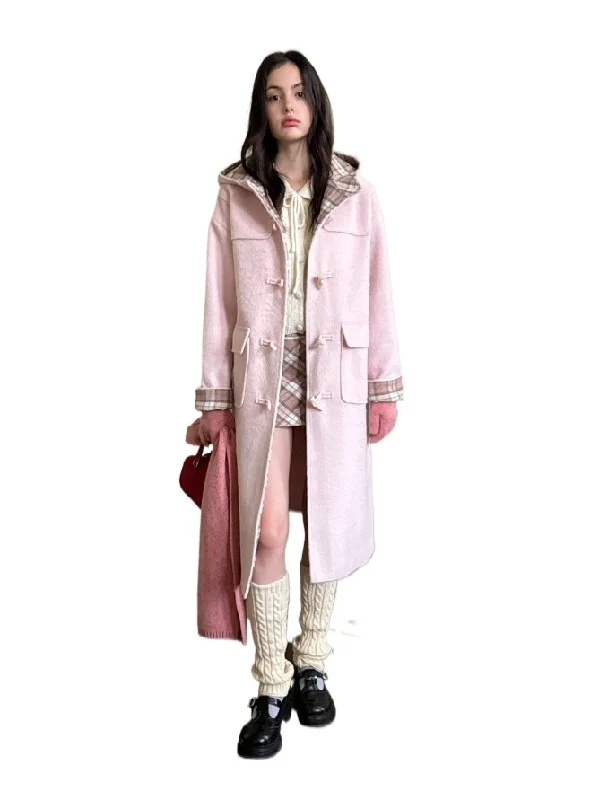 retro jacketPink & Gray Plaid Patchwork Toggle Long Coat