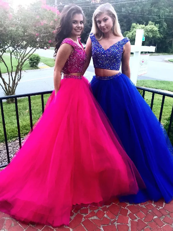 Price Reduction Two Piece Prom Dresses V-neck Rhinestone Sweep Train Sparkly Royal Blue Prom Dress JKL1123