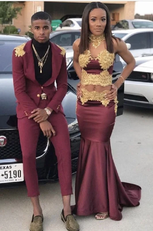 Flash Deals Halter Two-piece Golden Appliques Mermaid Prom Dresses