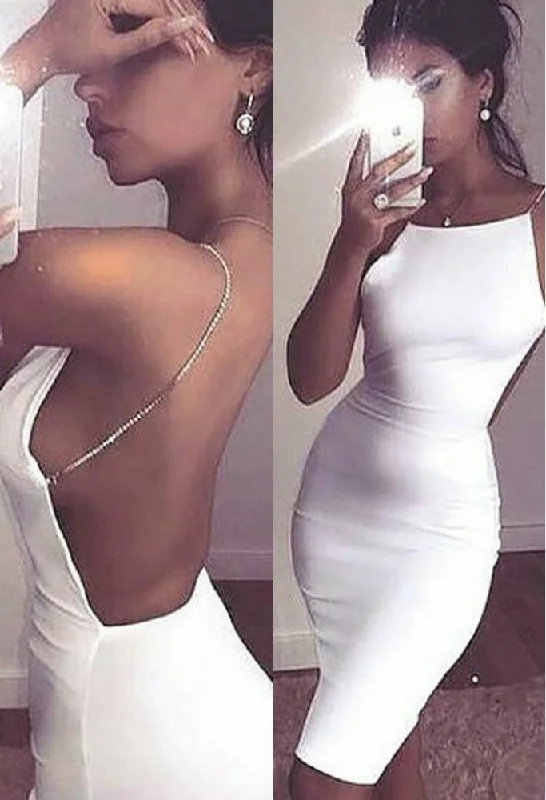 Midnight Madness Modern Spaghetti-Strap Short Homecoming Dresses Sleeveless White Backless Cocktail Dress