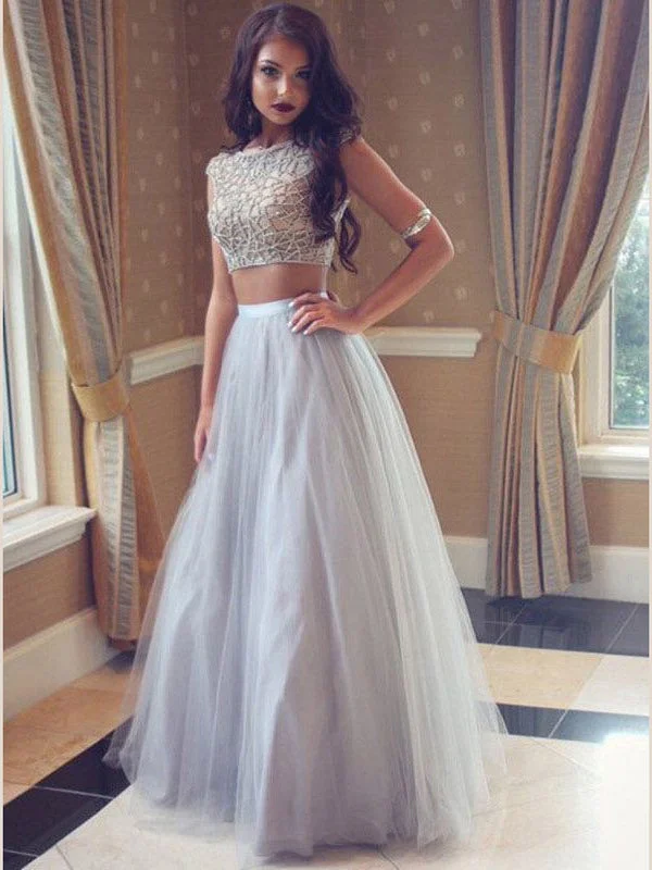 Overstock Two Piece Prom Dresses Scoop A line Beading Long Sexy Prom Dress JKL985
