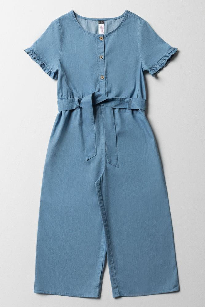 Reduced Prices playful dressDenim Belted Jumpsuit With Frill Sleeves Blue